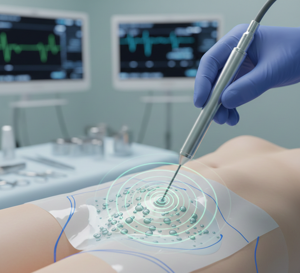 Illustration of VASER liposuction using targeted ultrasound energy for precise fat removal and body contouring.
