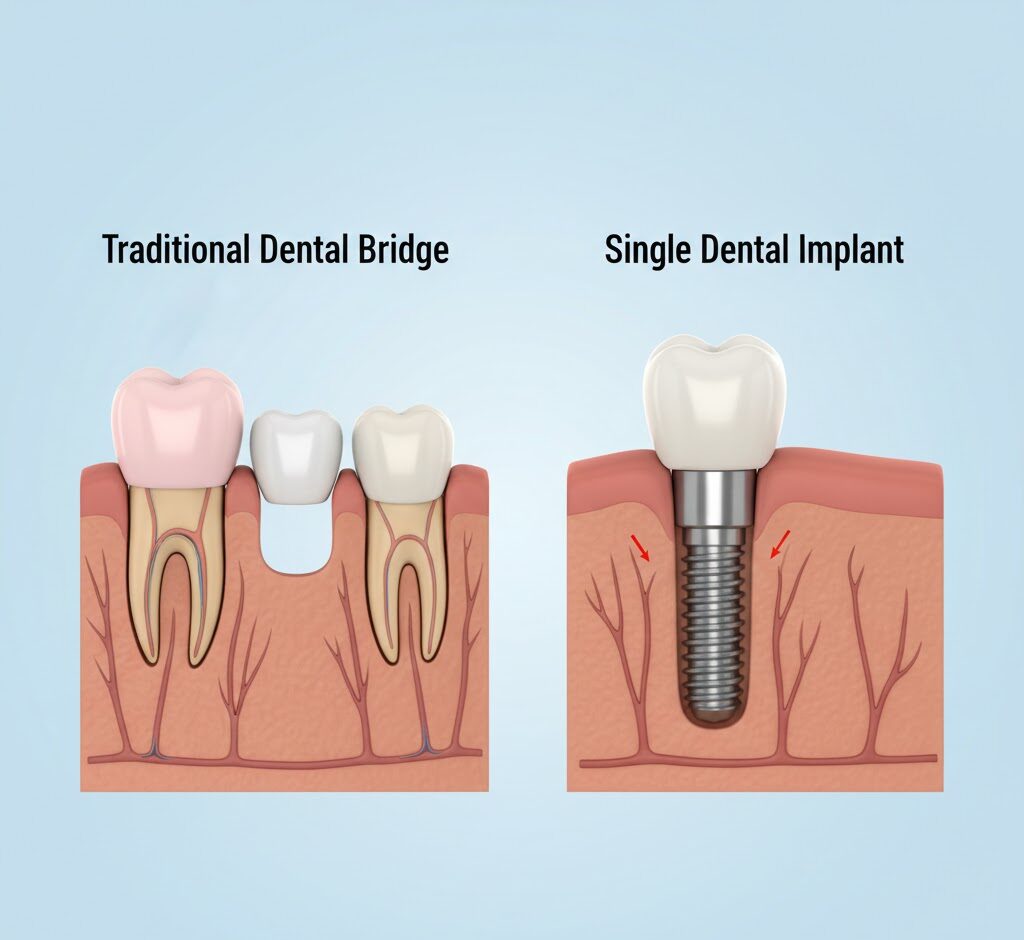 Diagram comparing a traditional dental bridge supported by adjacent teeth and a dental implant replacing a missing tooth root.