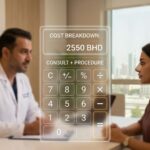 Conceptual image of calculating the total nose surgery cost in Bahrain, featuring BHD currency on a calculator over a blurred surgeon-patient consultation setting.