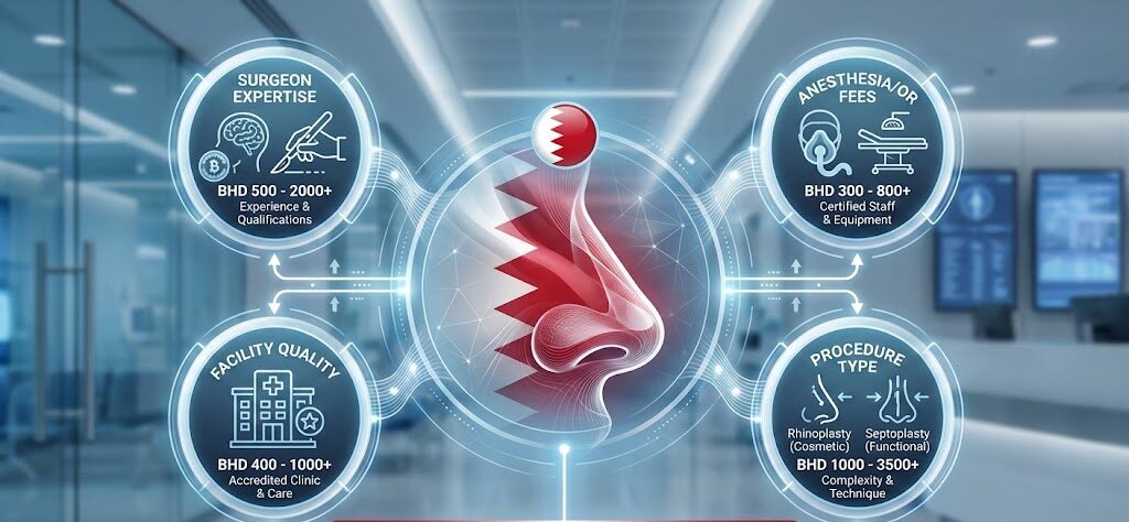 Infographic detailing the nose surgery cost in Bahrain, showing components like surgeon fees, anesthesia, facility charges, and procedure type (rhinoplasty).