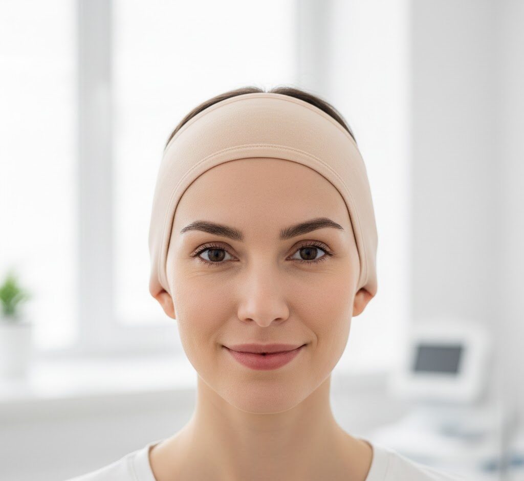 Patient post-otoplasty surgery wearing a light headband, symbolizing successful ear reshaping and renewed confidence after the procedure.