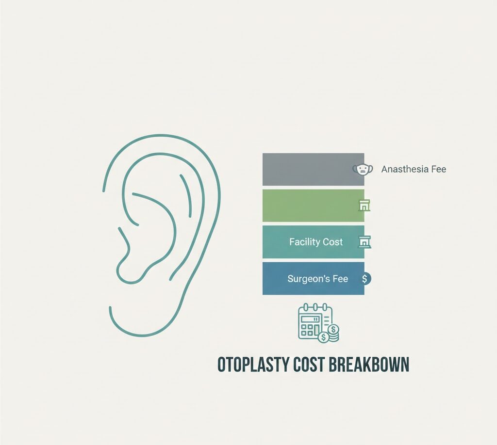 Infographic detailing the real otoplasty cost breakdown, including surgeon, facility, and anesthesia fees for ear surgery.