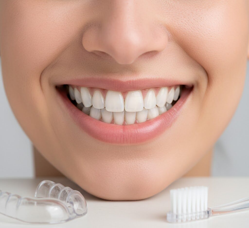 Close-up of a perfect, radiant smile with full porcelain teeth, subtly showing a nightguard and toothbrush for maintenance and care.