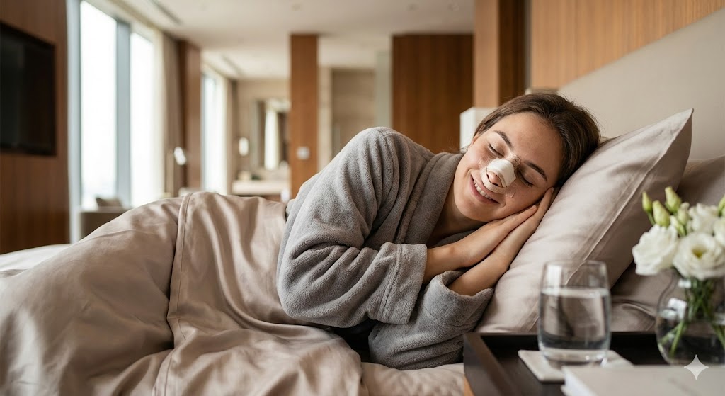 Patient resting comfortably in a luxury recovery suite in Kosovo after a successful nose job.