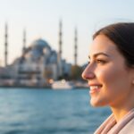 Happy patient after successful turkish rhinoplasty recovery overlooking Istanbul, symbolizing successful medical tourism.