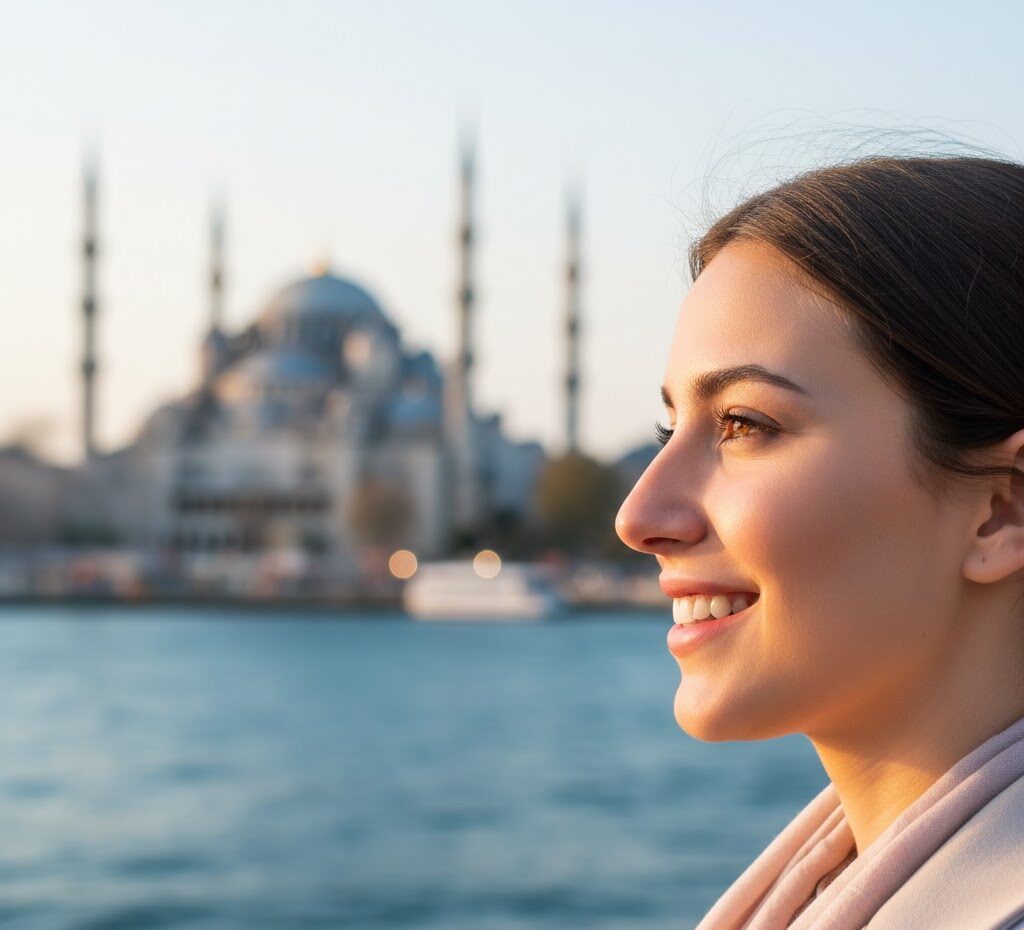 Happy patient after successful turkish rhinoplasty recovery overlooking Istanbul, symbolizing successful medical tourism.