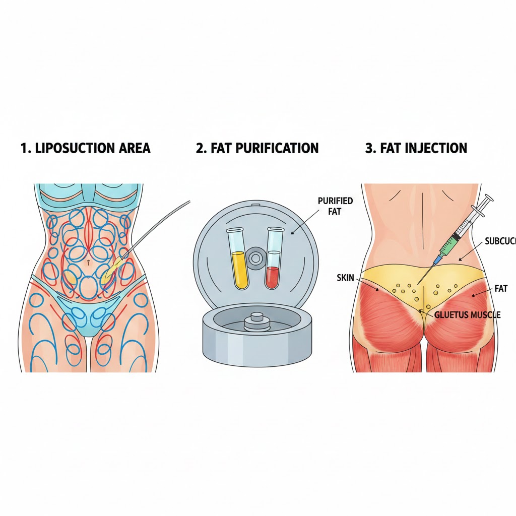 Medical diagram illustrating the steps of a Brazilian Butt Lift (BBL) procedure, showing fat harvesting, purification, and safe fat grafting placement.