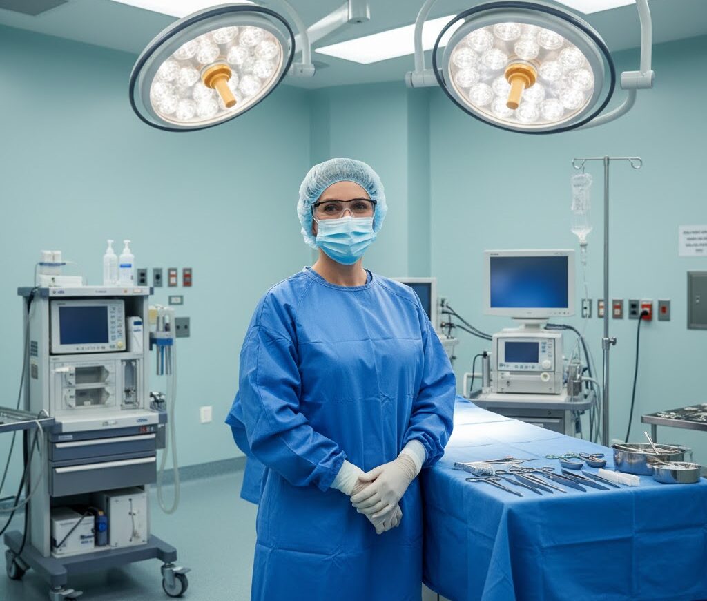 Board-certified plastic surgeon in an operating room discussing Brazilian Butt Lift (BBL) safety and expertise.