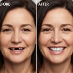 Before and after comparison showing the aesthetic transformation achieved with All-on-4 dental implants, highlighting a confident, full smile.