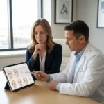 A plastic surgeon and patient discussing face lift cost and procedure options during a consultation in a clean, modern medical office.