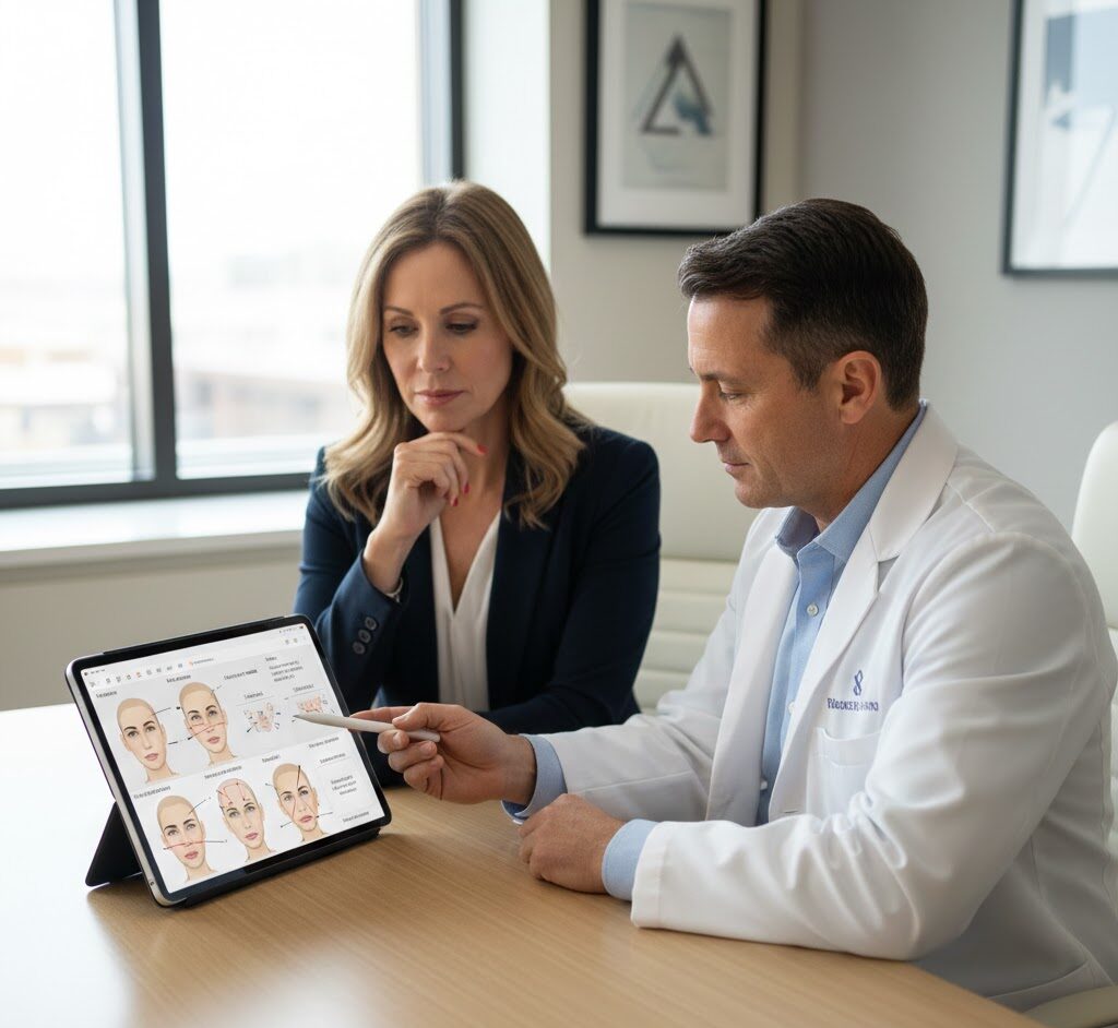 A plastic surgeon and patient discussing face lift cost and procedure options during a consultation in a clean, modern medical office.