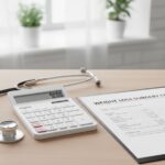 Financial planning tools like a calculator and stethoscope used to determine gastric band cost and weight loss surgery expenses.