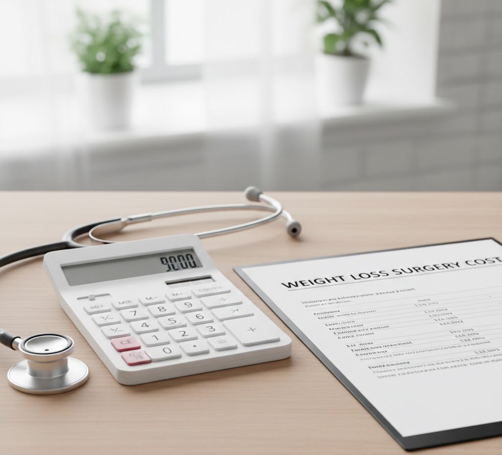Financial planning tools like a calculator and stethoscope used to determine gastric band cost and weight loss surgery expenses.