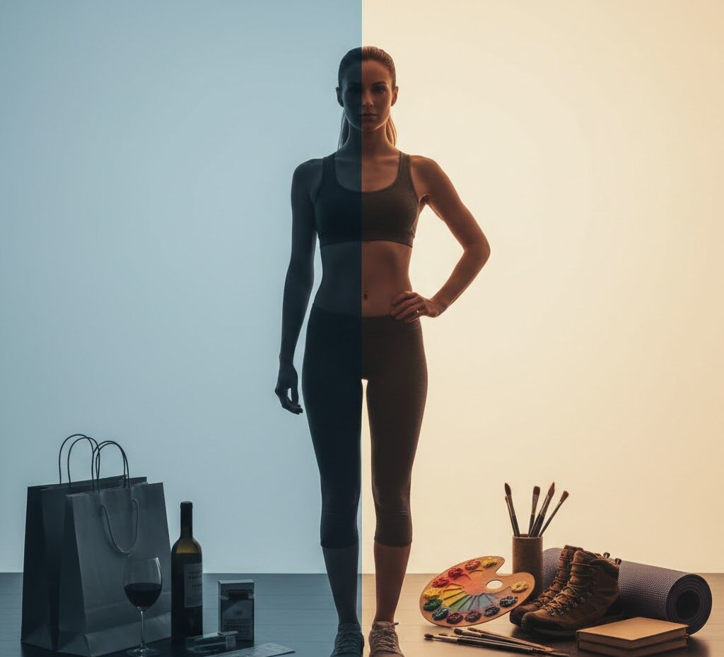 A conceptual illustration showing the psychological choices related to transfer addiction after gastric bypass, contrasting healthy and unhealthy habits.