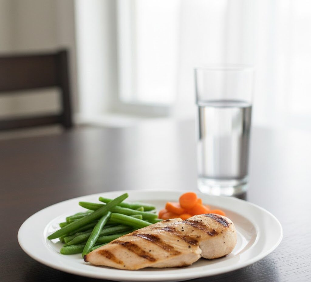 A healthy protein-rich meal with chicken and vegetables illustrating what is dumping syndrome after gastric bypass management through diet.