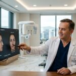 A plastic surgeon showing a 3D simulation of a nose job kosovo to a patient in a modern clinic.