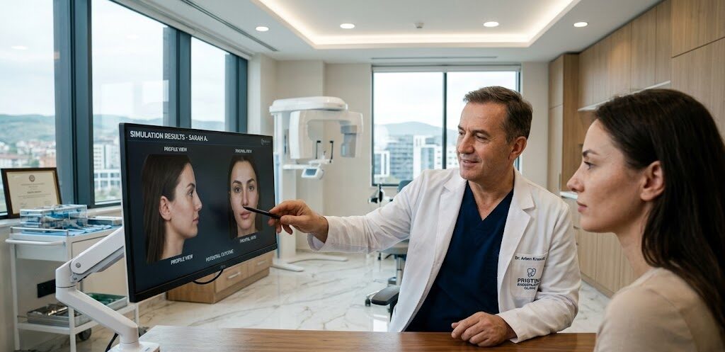 A plastic surgeon showing a 3D simulation of a nose job kosovo to a patient in a modern clinic.