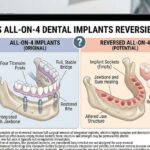 3D medical graphic of the all on 4 dental implants system showing the prosthetic bridge and titanium posts.