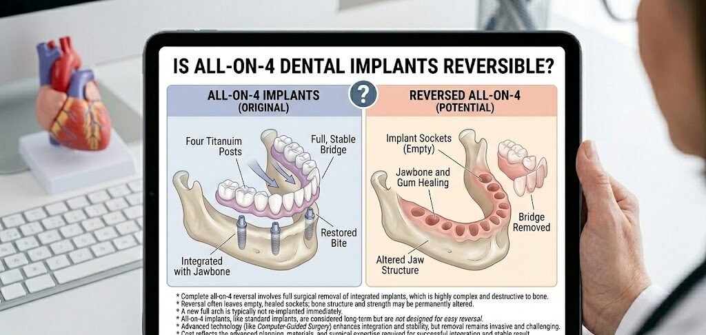 3D medical graphic of the all on 4 dental implants system showing the prosthetic bridge and titanium posts.