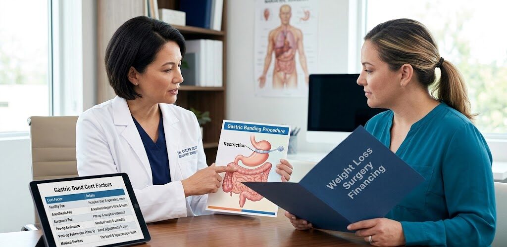 A doctor and patient discussing the total gastric band cost and financing options in a medical office setting.