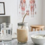 A glass of water, a protein shake, and a bowl of yogurt representing the diet stages during gastric bypass surgery recovery time.