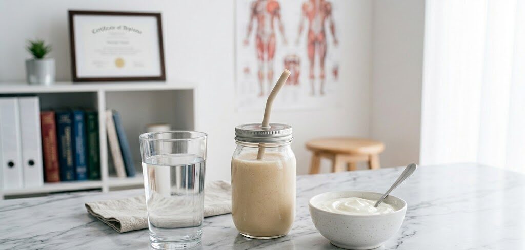 A glass of water, a protein shake, and a bowl of yogurt representing the diet stages during gastric bypass surgery recovery time.