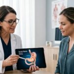 A bariatric surgeon explaining the anatomical structure of a Roux-en-Y procedure to a patient during a consultation to discuss if gastric bypass is reversible.