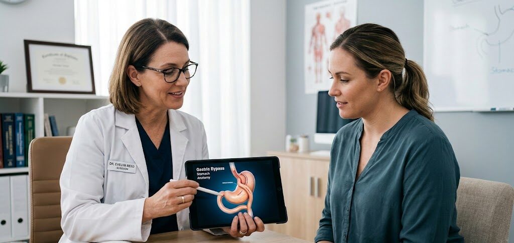 A bariatric surgeon explaining the anatomical structure of a Roux-en-Y procedure to a patient during a consultation to discuss if gastric bypass is reversible.