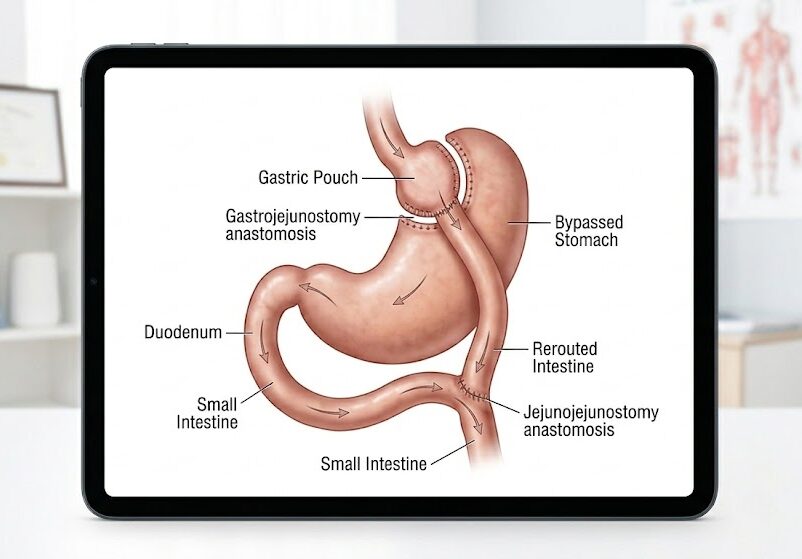 A medical diagram illustrating the laparoscopic gastric bypass procedure for weight loss.