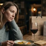 A woman contemplating the shift from food to other habits, illustrating transfer addiction after gastric bypass with a glass of wine and shopping bags nearby.