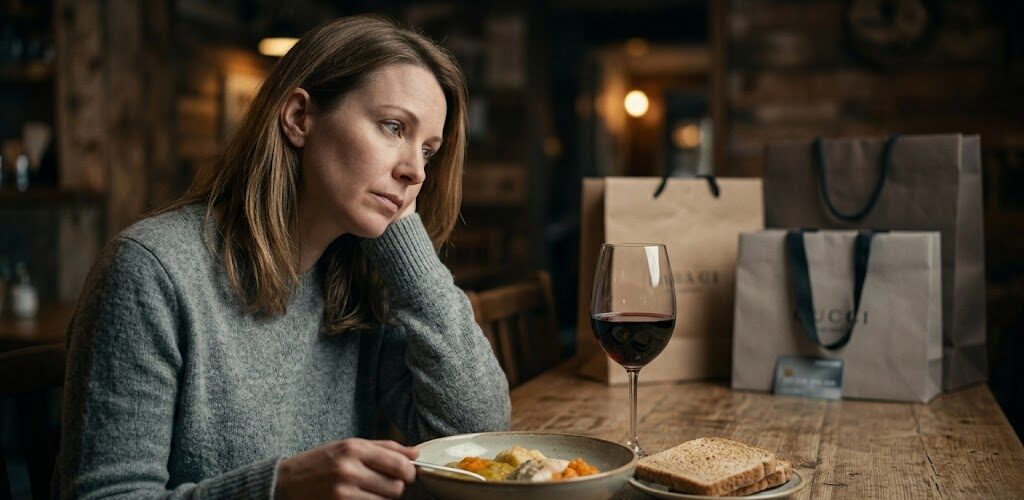 A woman contemplating the shift from food to other habits, illustrating transfer addiction after gastric bypass with a glass of wine and shopping bags nearby.
