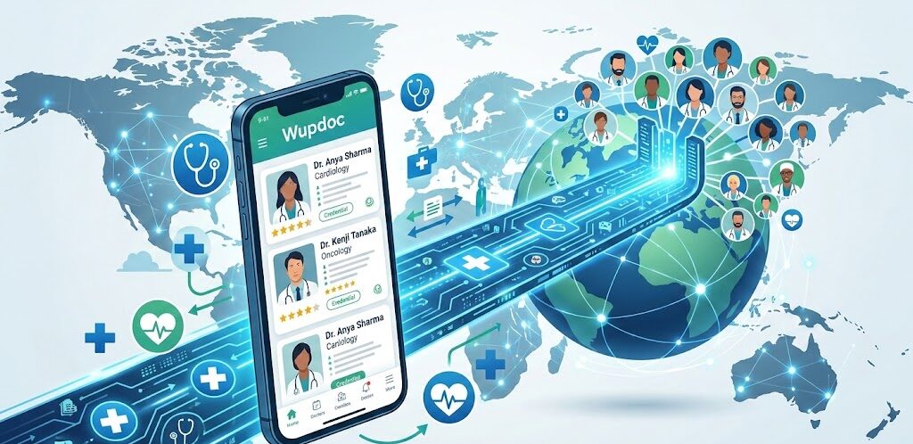 A digital interface of Wupdoc showing how users can browse and select medical specialists globally for personalized healthcare.